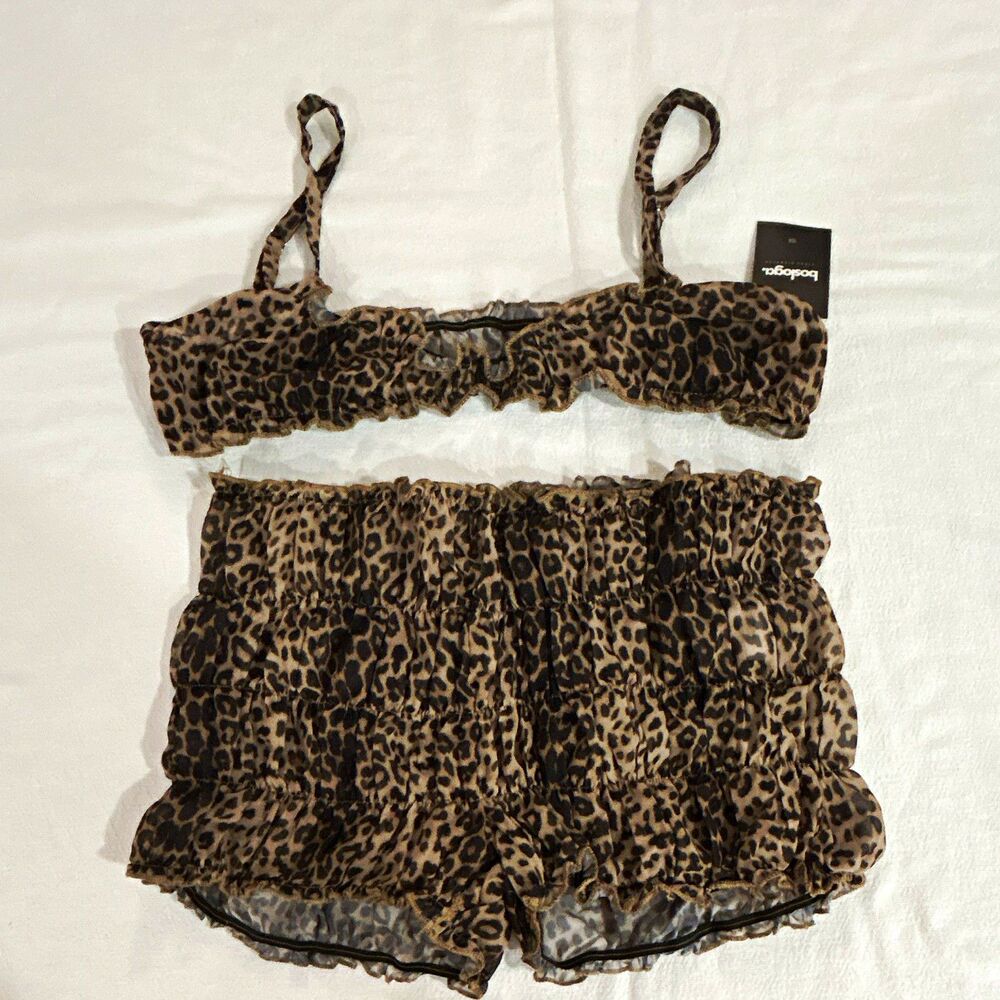 bosloga. Urban Elegance Women’s M Leopard Mesh Cami Ruffle Shorts Set